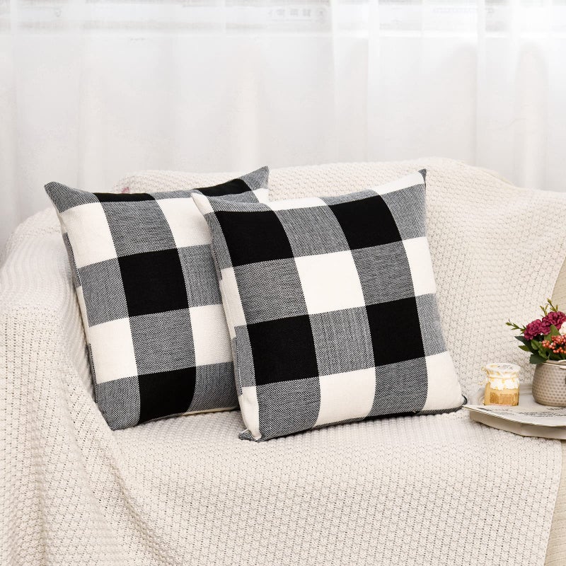 Tosewever Set of 2 Buffalo Check Plaid Pillow Covers  Farmhouse Rustic Pillow Cases  Cotton Linen Throw Pillow Covers Cushion Case for Home Decor Car Bed Sofa Couch (16"" x 16""  2 Pack Black & White) - Image 2